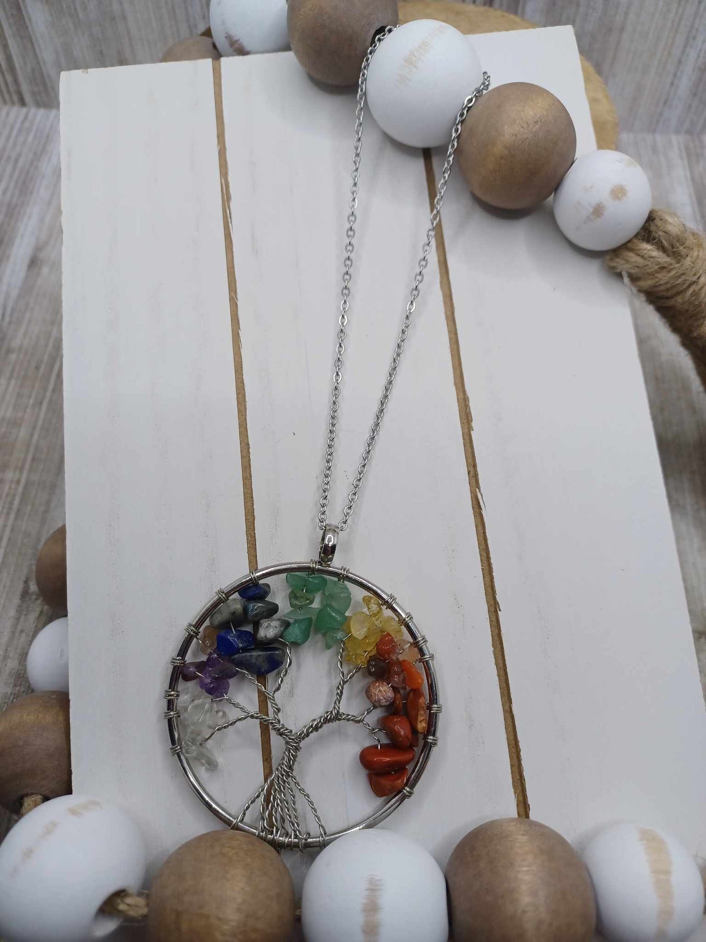 Silver Necklace w/ Multicolored Tree of Life Pendant