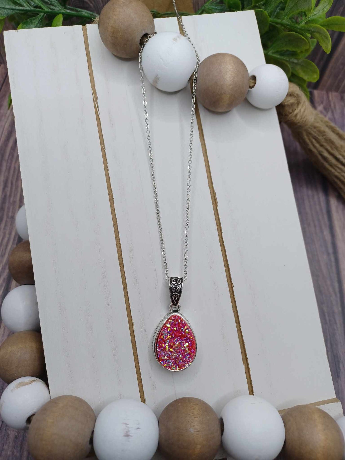 Silver Necklace w/ Pink Druzy Teardrop Pendant