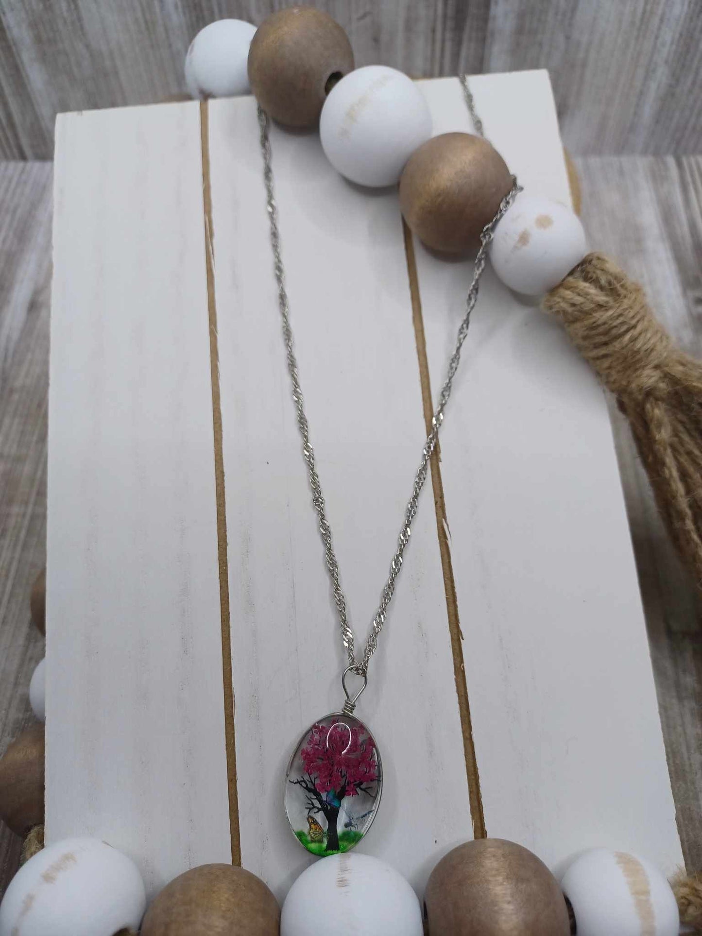 Deep Pink Tree Pendant Necklace on a Silver Chain
