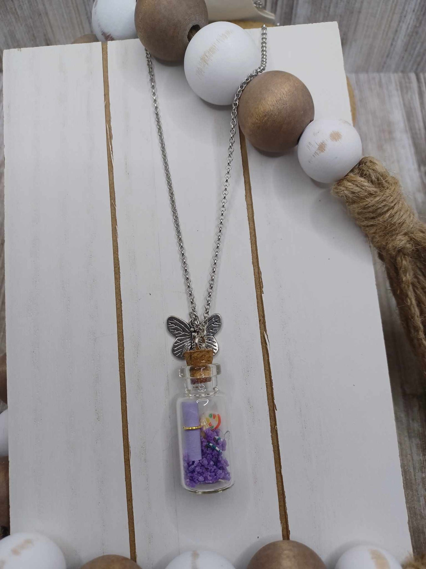 Silver Necklace w/ Message in a Bottle & Butterfly Charm
