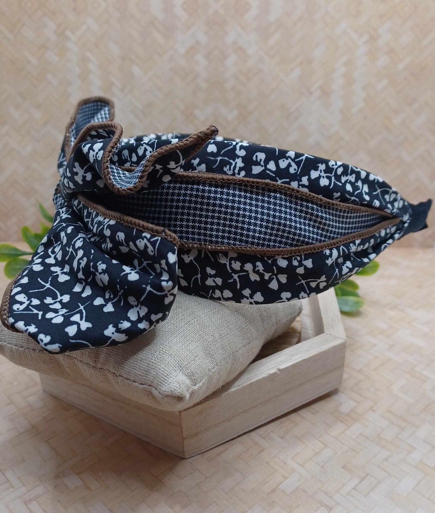 Black, Brown, & Floral Headband w/ Adjustable Top Knot