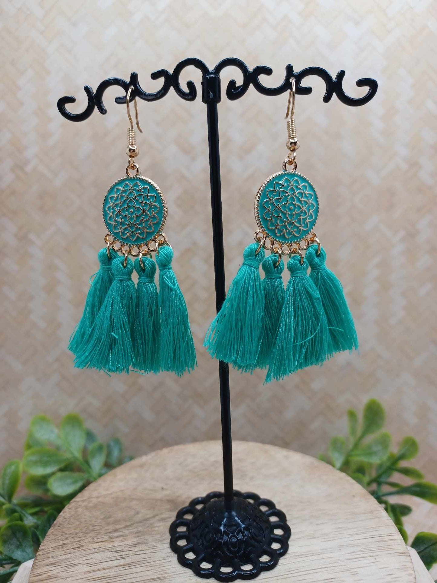 Teal Design Earrings w/ Tassel & Gold Detailing