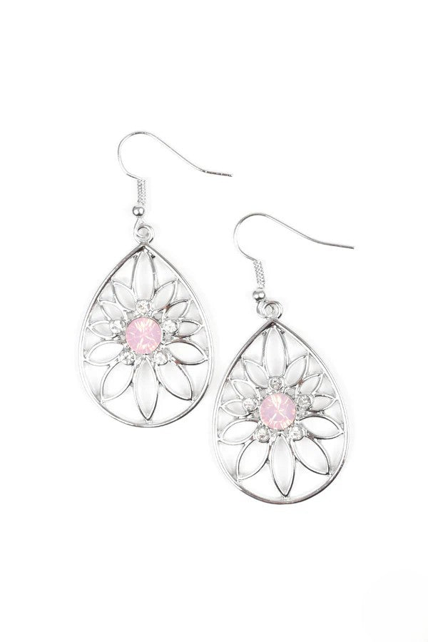 Silver Teardrop Earrings w/ Opal & Rhinestone Details
