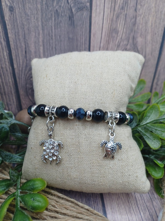 Black Beaded Sea Turtle Charm Bracelet