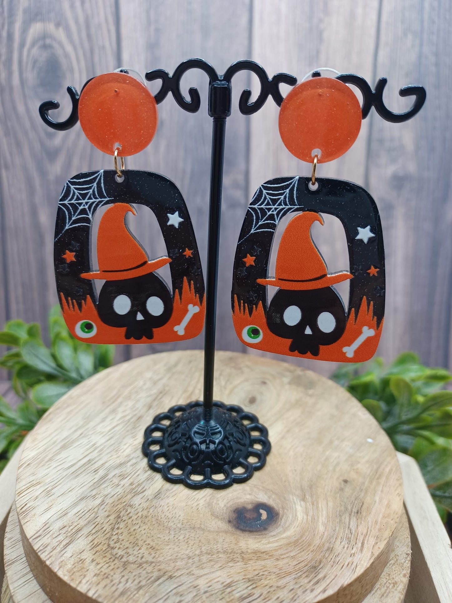 Black & Orange Acrylic Skeleton Earrings