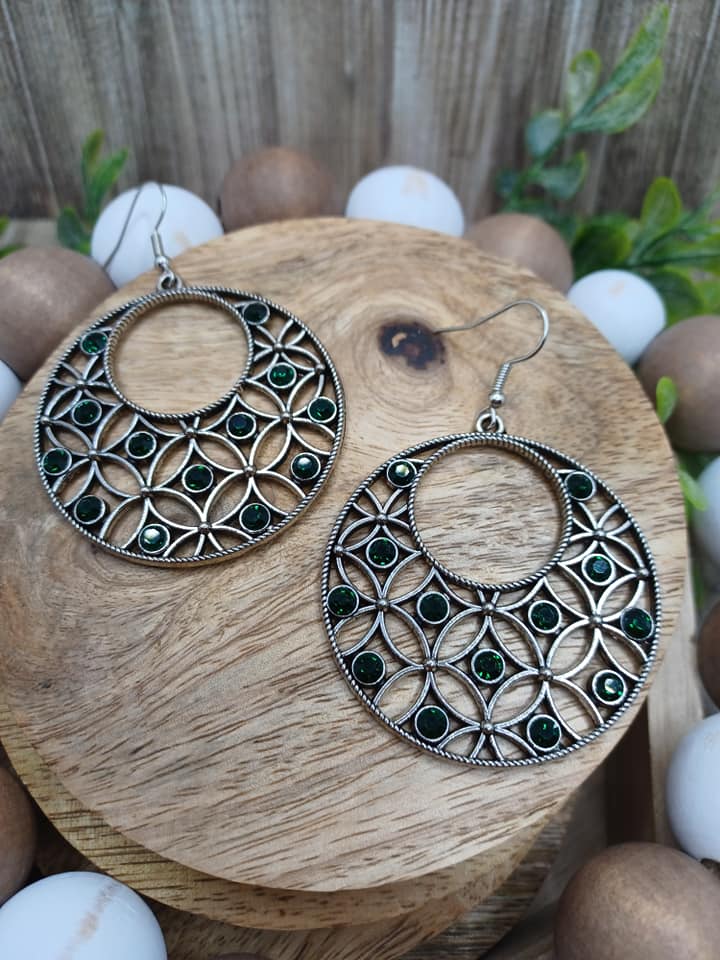 Silver Floral Design Earrings w/ Deep Green Rhinestones