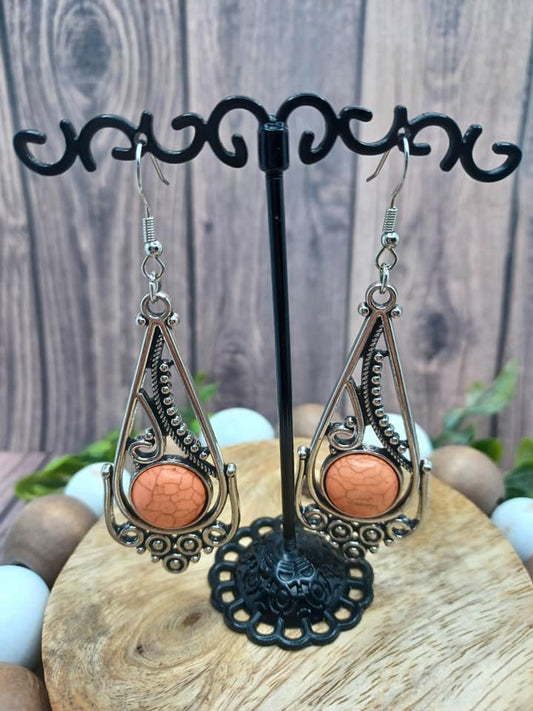 Silver Filigree Earrings w/ Orange Crackle Stone Detail
