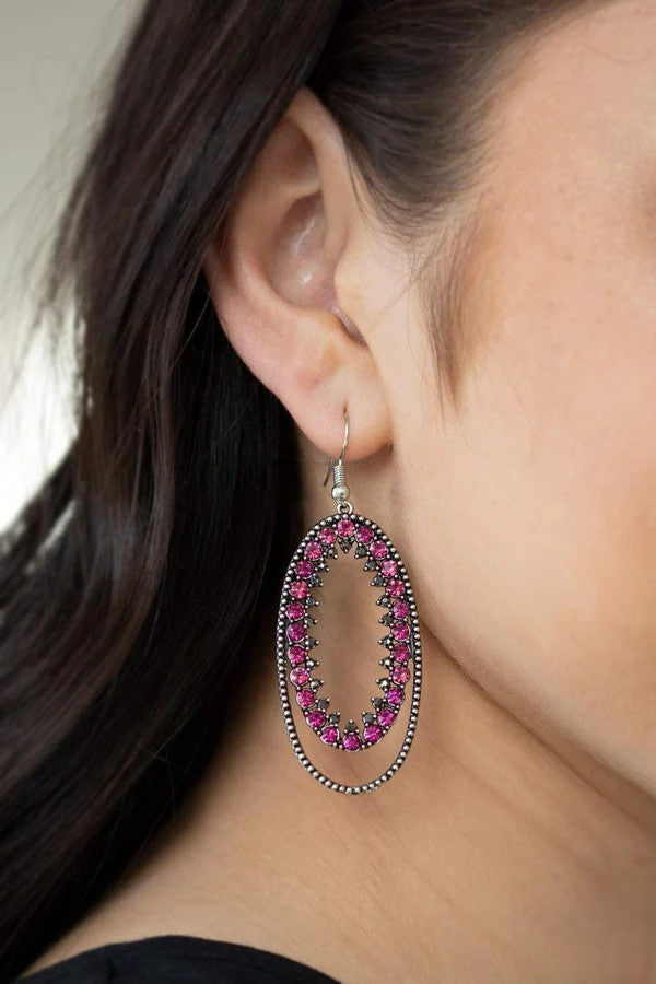Silver Oval Earrings w/ Pink Rhinstone Accents