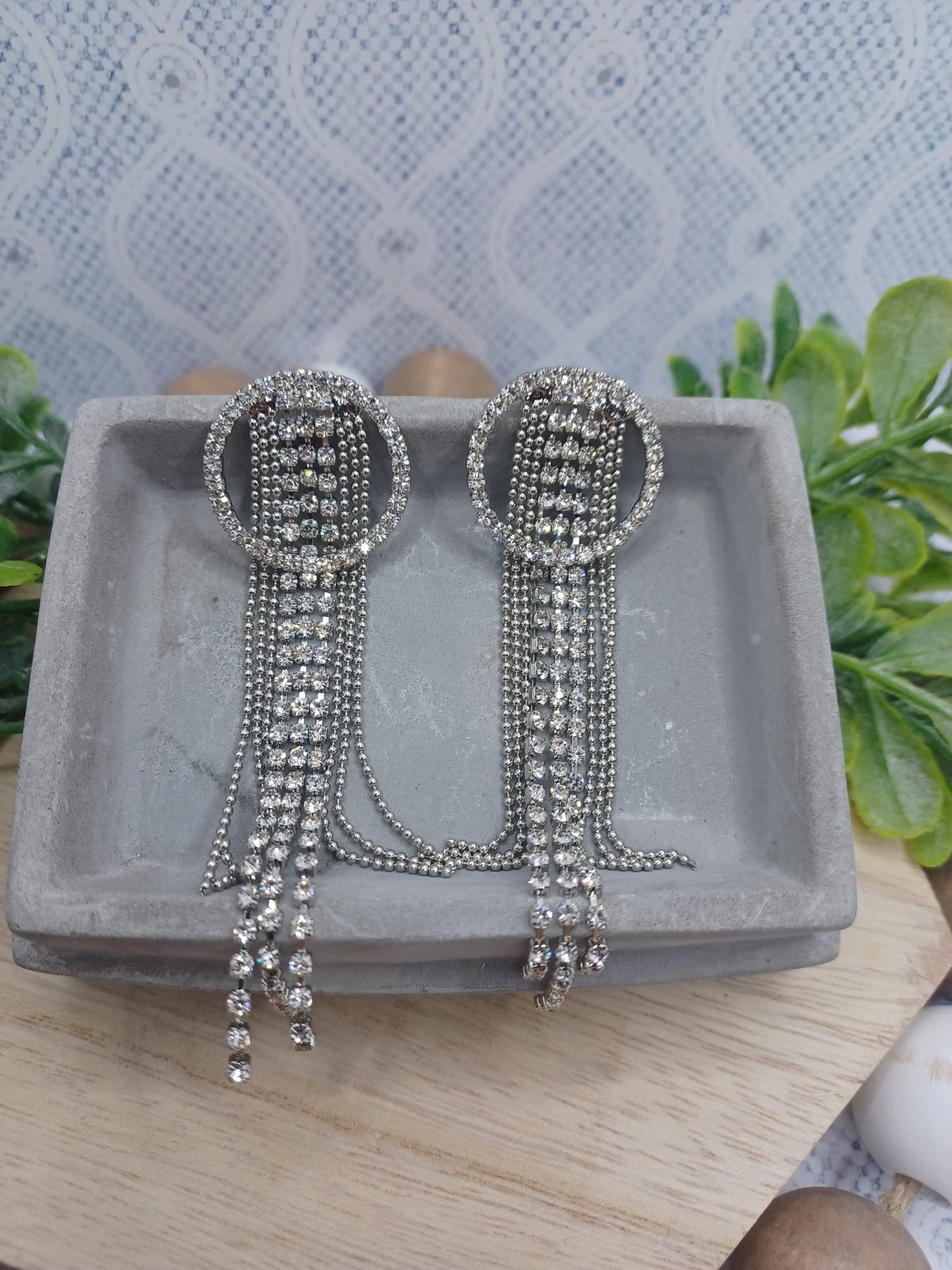 Silver Rhinestone Circle Earrings w/ Rhinestone Tassels