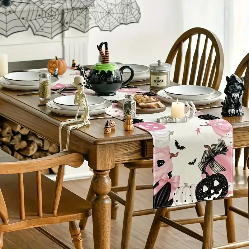 Pink, Black, & White Halloween Pumpkin Table Runner