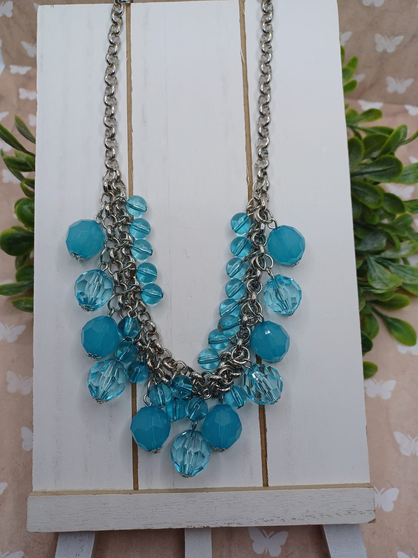 Silver Necklace w/ Clear & Frosted Acrylic Blue Beading