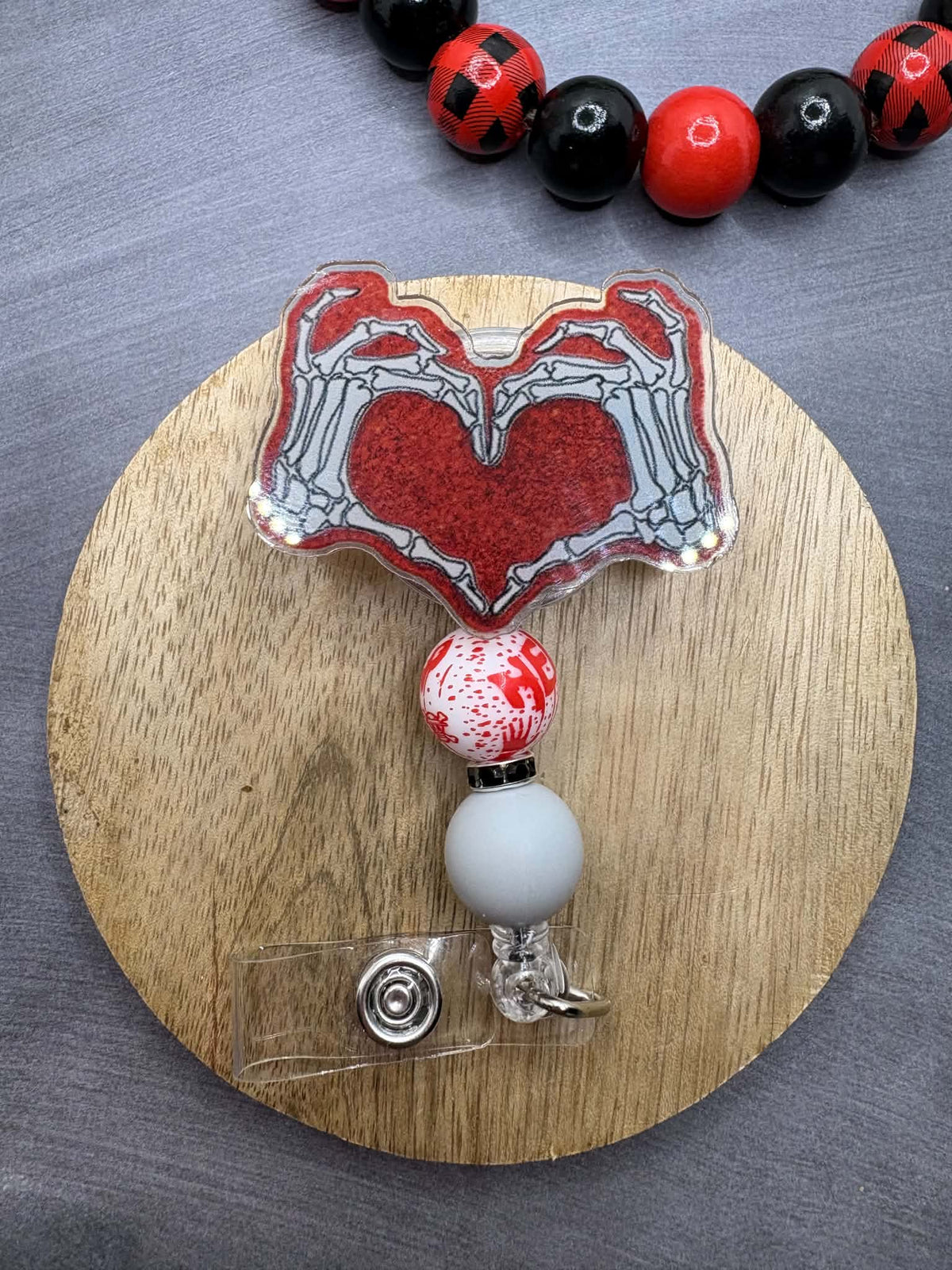 Skeleton Hand Heart Beaded Badge Reel
