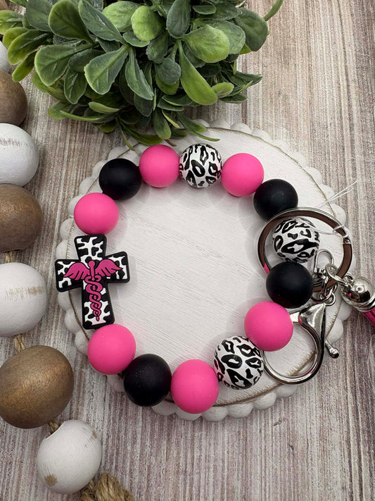 Hot Pink & Black Beaded Nurse Cross Wristlet