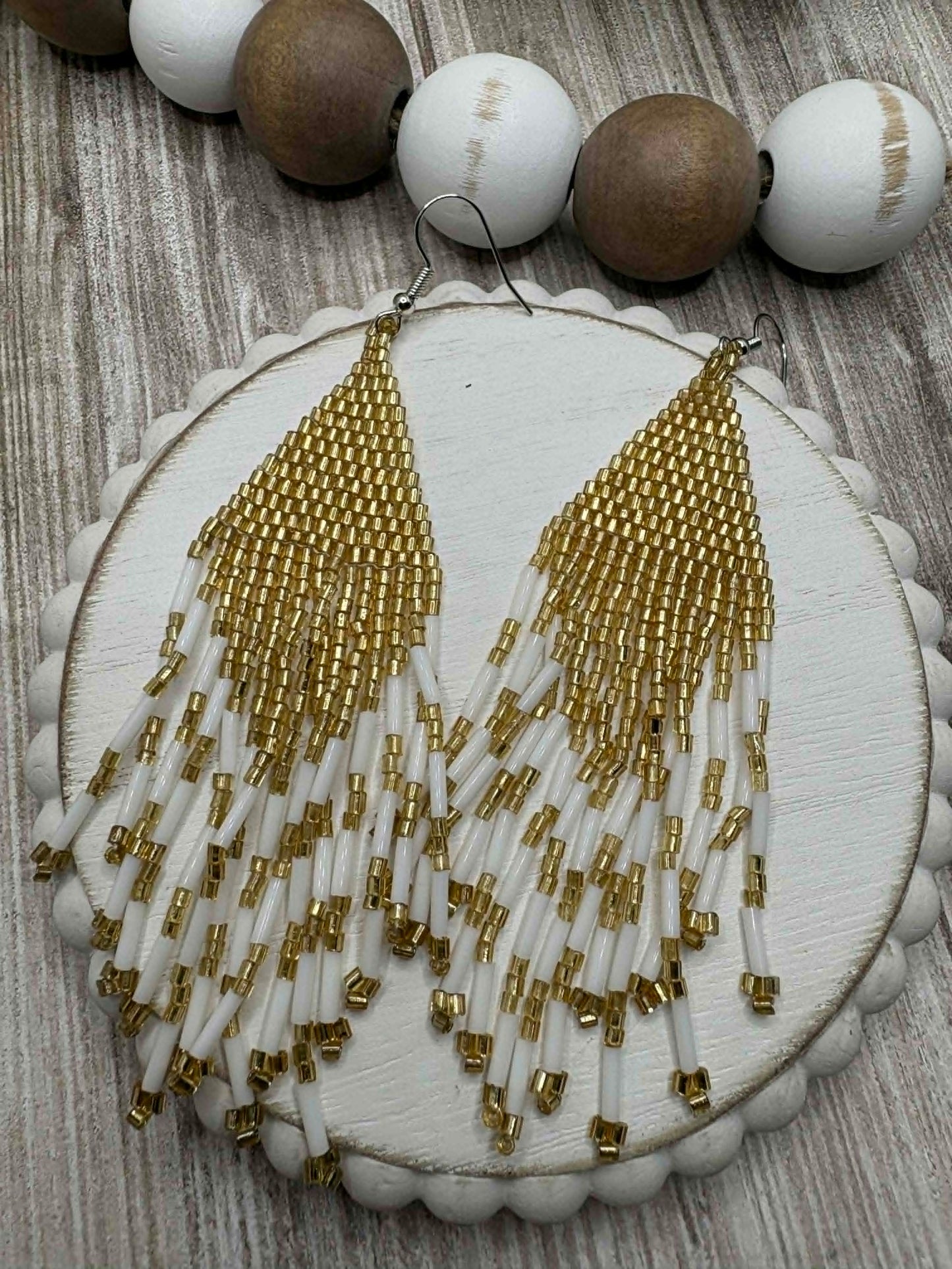Gold & White Dangle Beaded Earrings