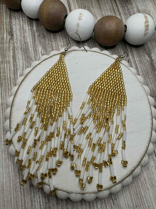 Gold & White Dangle Beaded Earrings