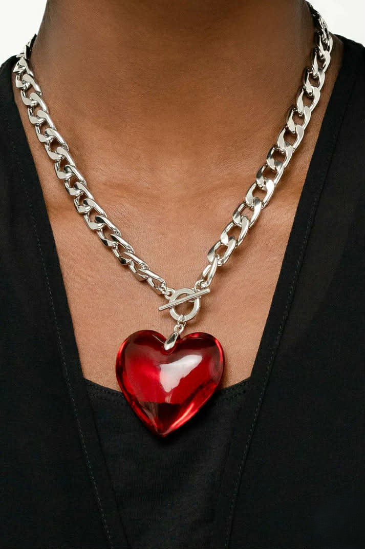 Silver Necklace w/ Chunky Red Heart Pendant