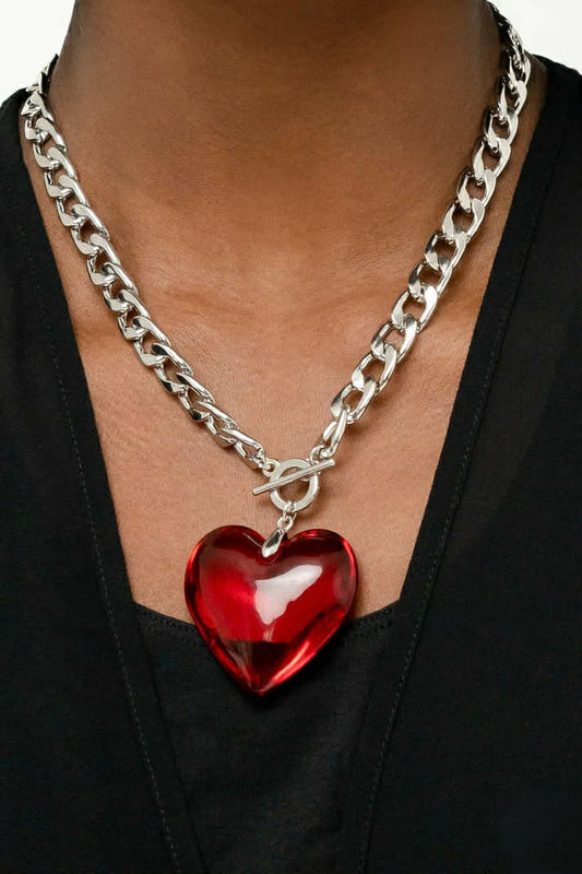 Silver Necklace w/ Chunky Red Heart Pendant