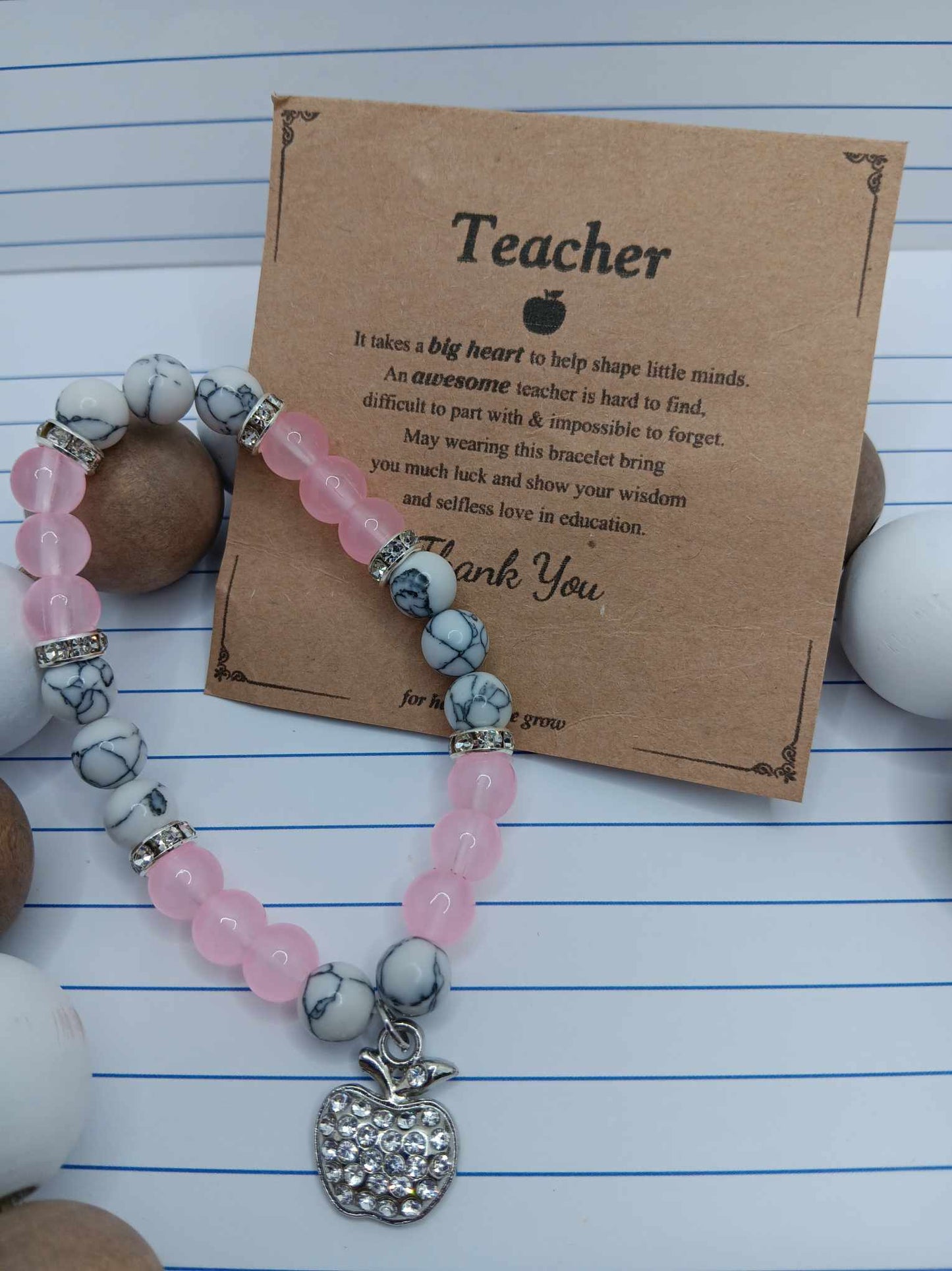 Pink & White/Grey Marble Beaded Bracelet w/ Rhinestone Apple Charm