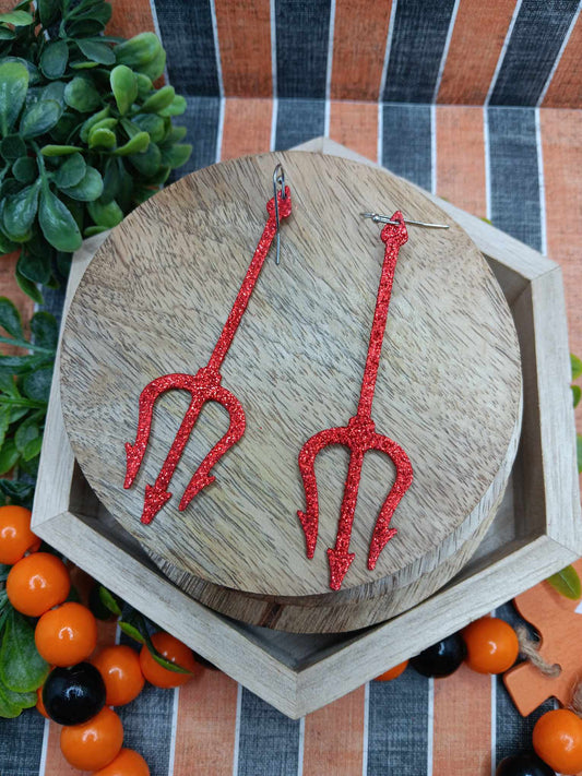 Red Pitchfork Glitter Earrings