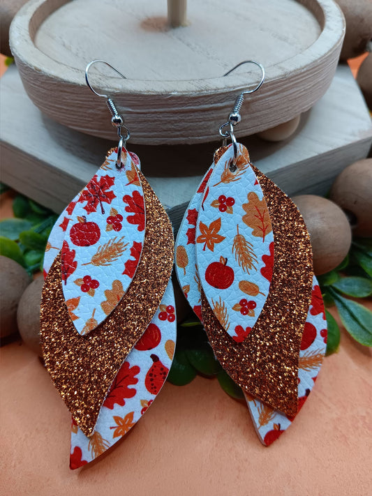 Orange Glitter Triple Layered Fall Patterned Earrings w/ Leaves