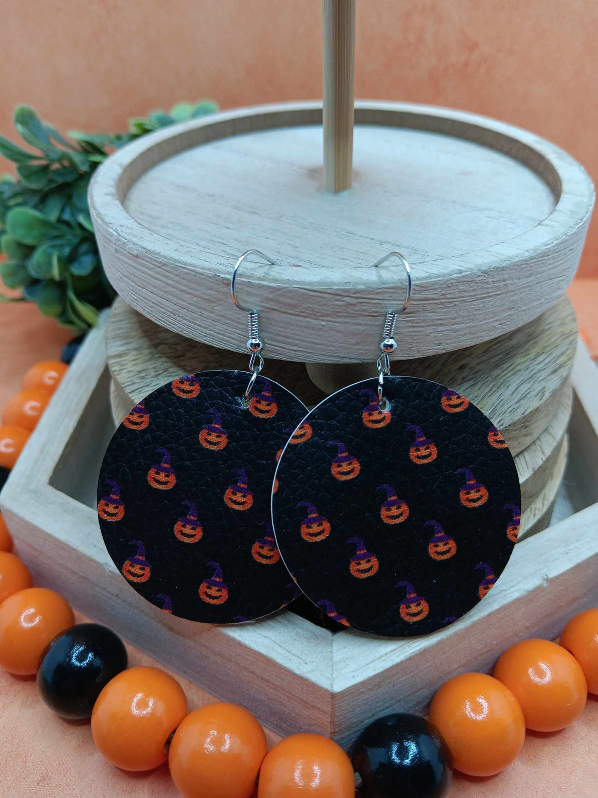 Jack O' Lantern Wearing a Witch's Hat Leather Style Earrings