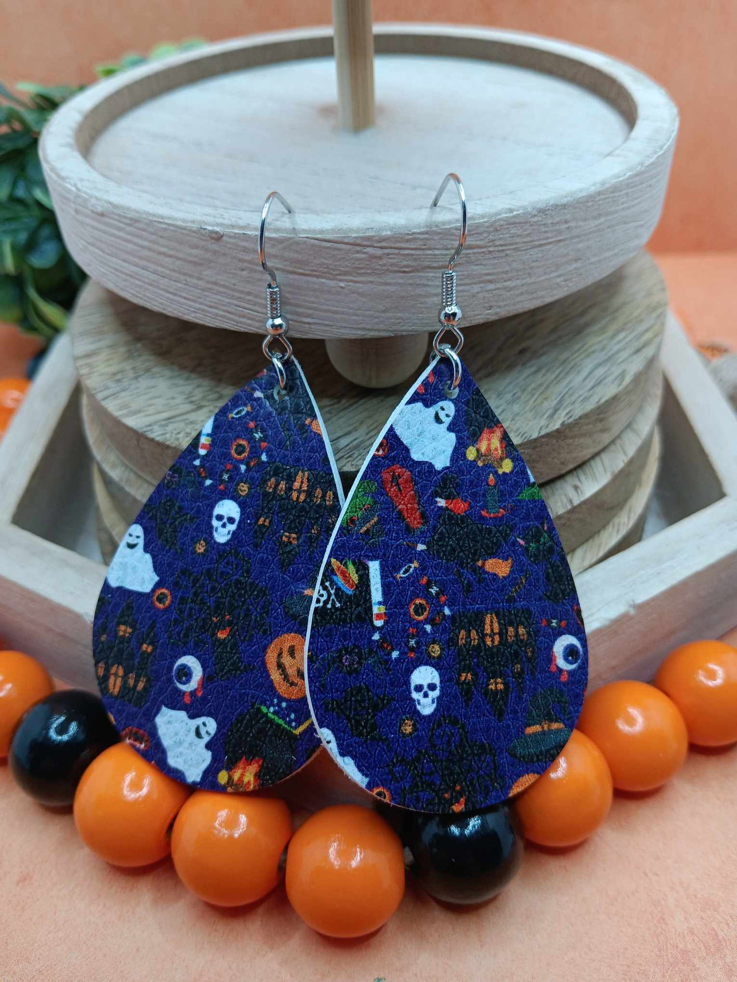 Blue Halloween Printed Leather Style Earrings w/ Ghosts, Haunted Houses, Skeleton, & More
