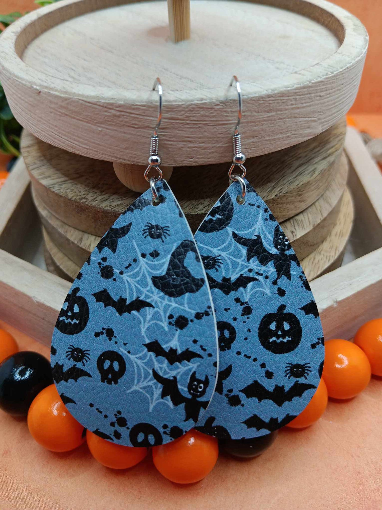 Grey Halloween Earrings w/ Bats, Pumpkins, & Skeletons