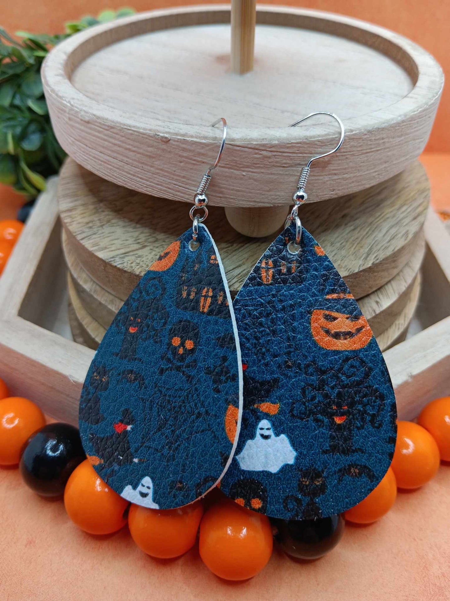 Blue Halloween Patterned Earrings w/ Jack O' Lanterns, Bats, Ghosts, & Skeletons