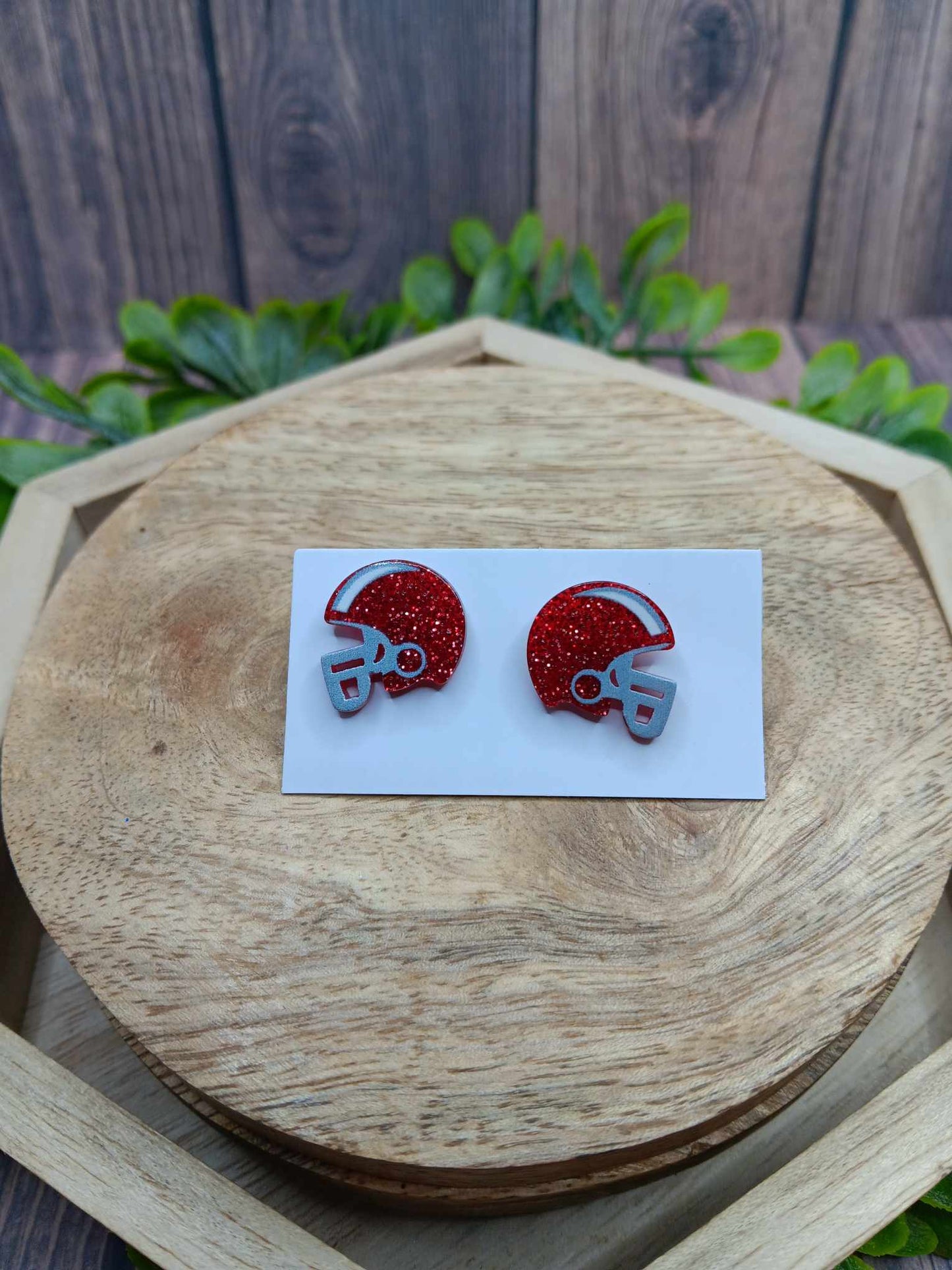 Red & Grey Glitter Football Helmet Earrings