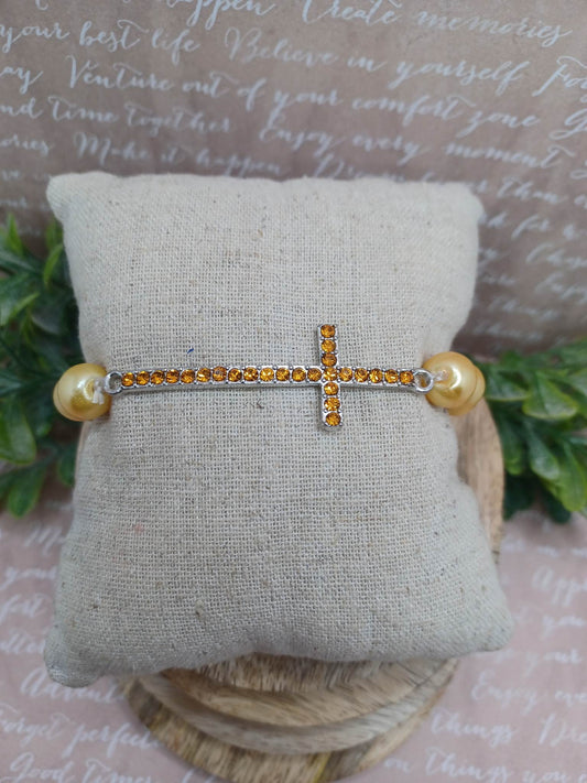Yellow Pearl Beaded Cross Bracelet