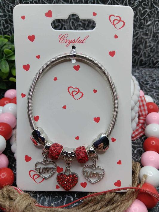 Silver Charm Bracelet w/ Red Hearts & Love Charms