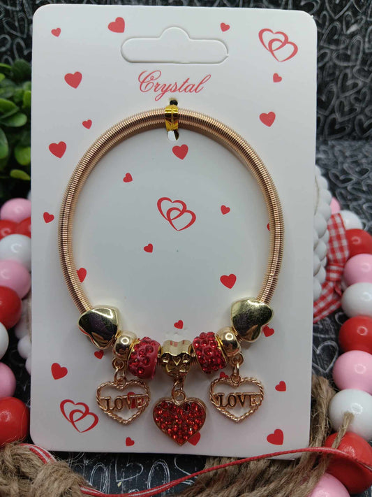 Gold Bracelet w/ Red Hearts & Love Charms