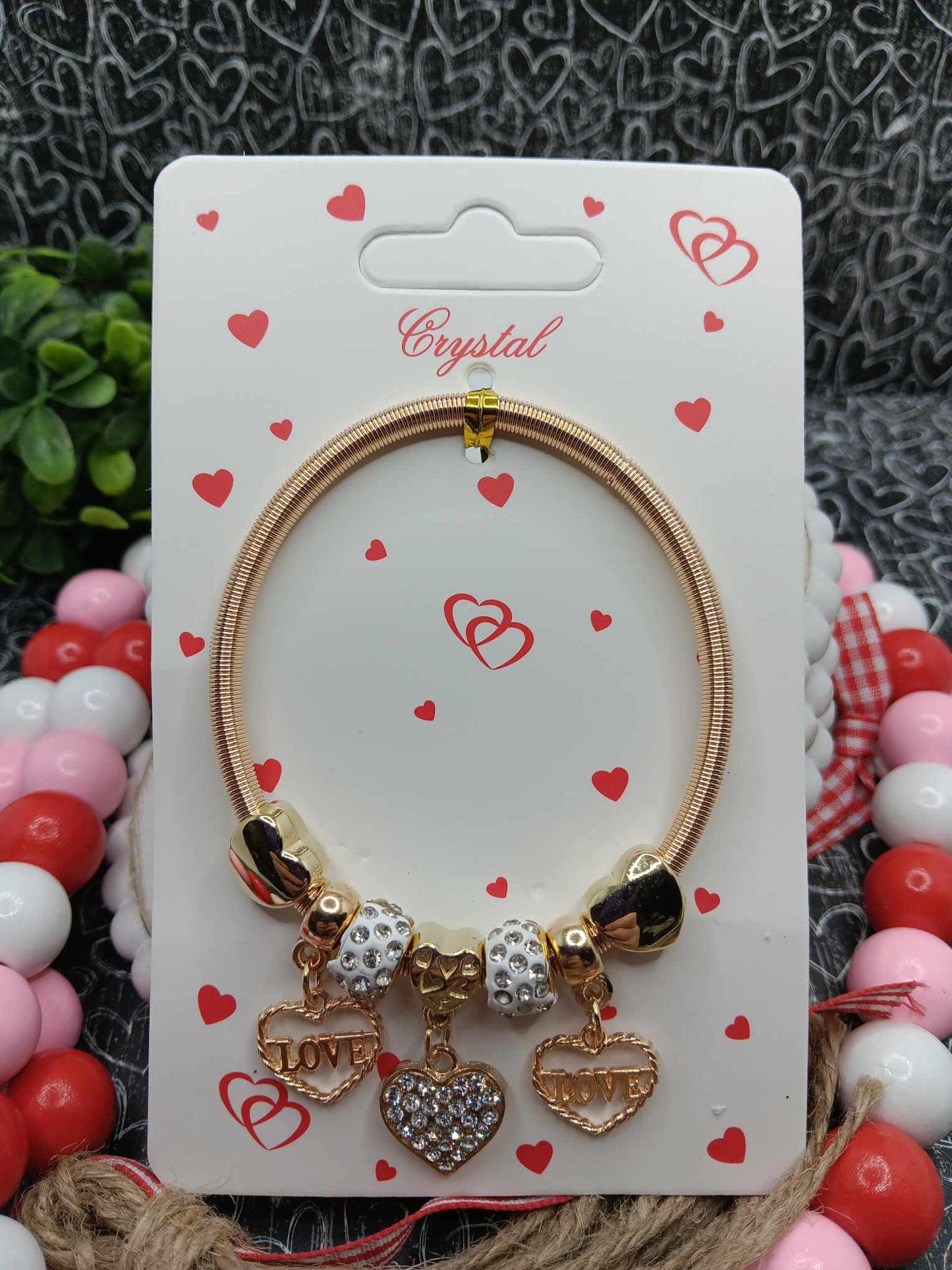 Gold Charm Bracelet w/ White Rhinestone Heart & Love Charms