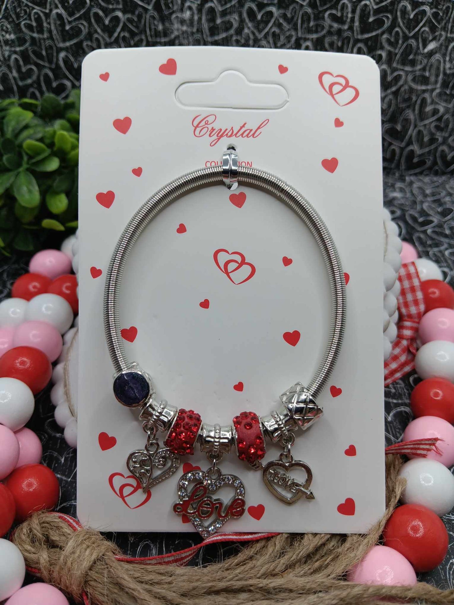 Silver Charm Bracelet w/ Hearts & Love Charms