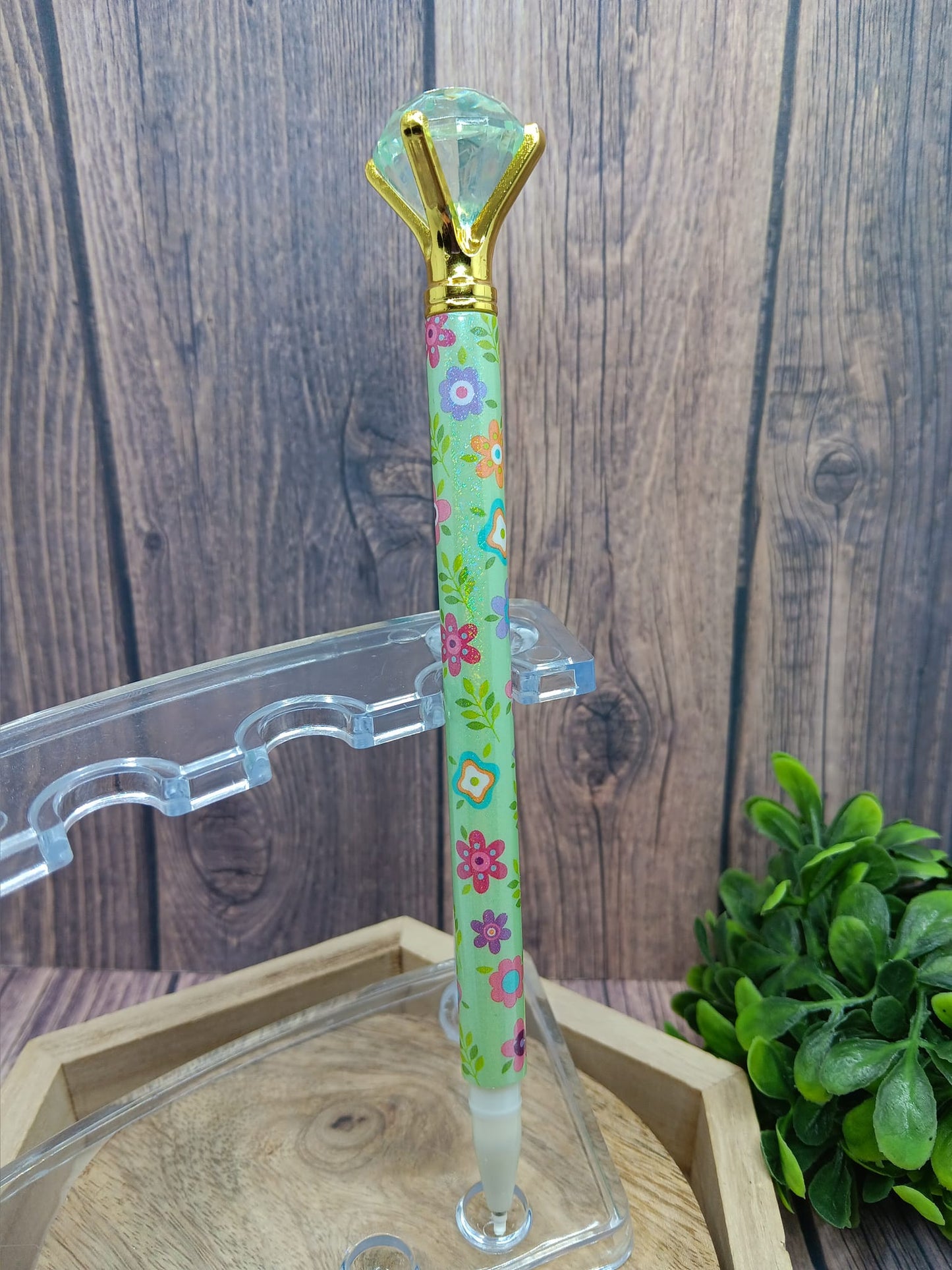 Green Glitter Floral Diamond Pen