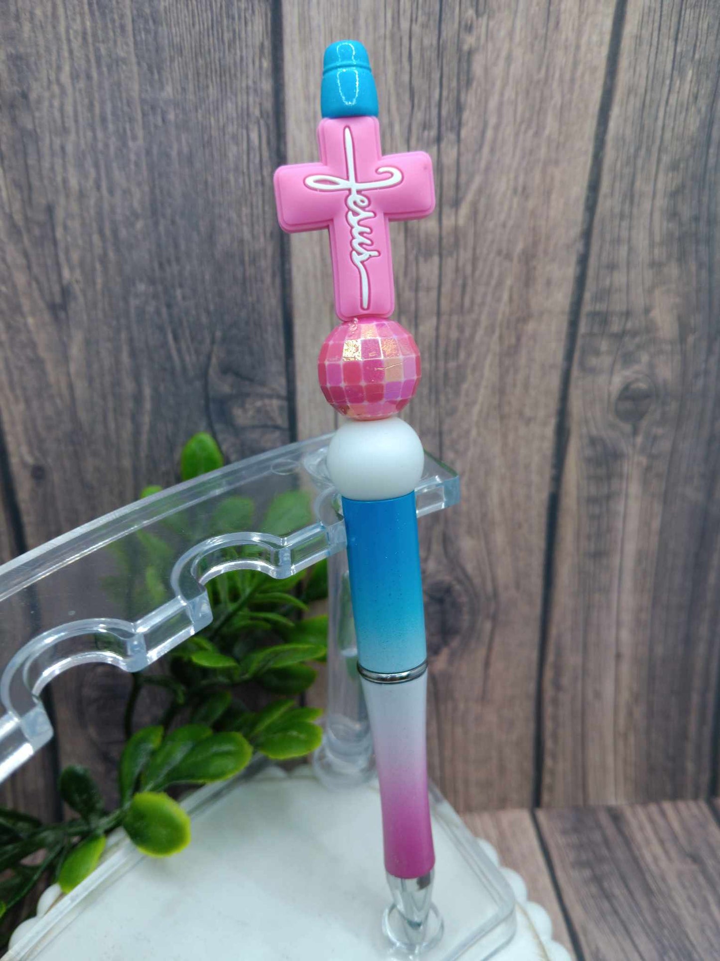 Pink & Blue Jesus Cross Beaded Ink Pen