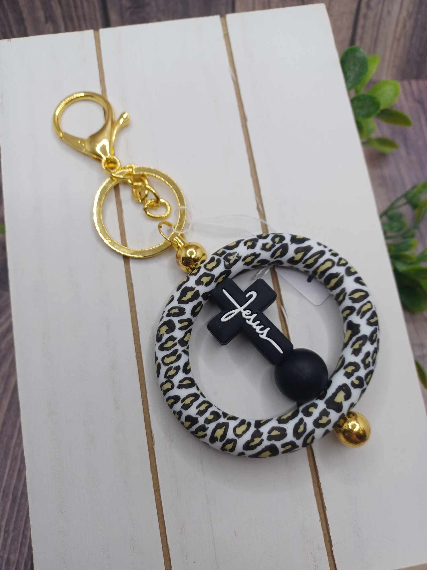 Jesus Leopard Beaded Keychain