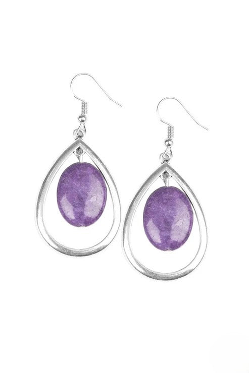 Silver Teardrop Earrings w/ Purple Stone Detail