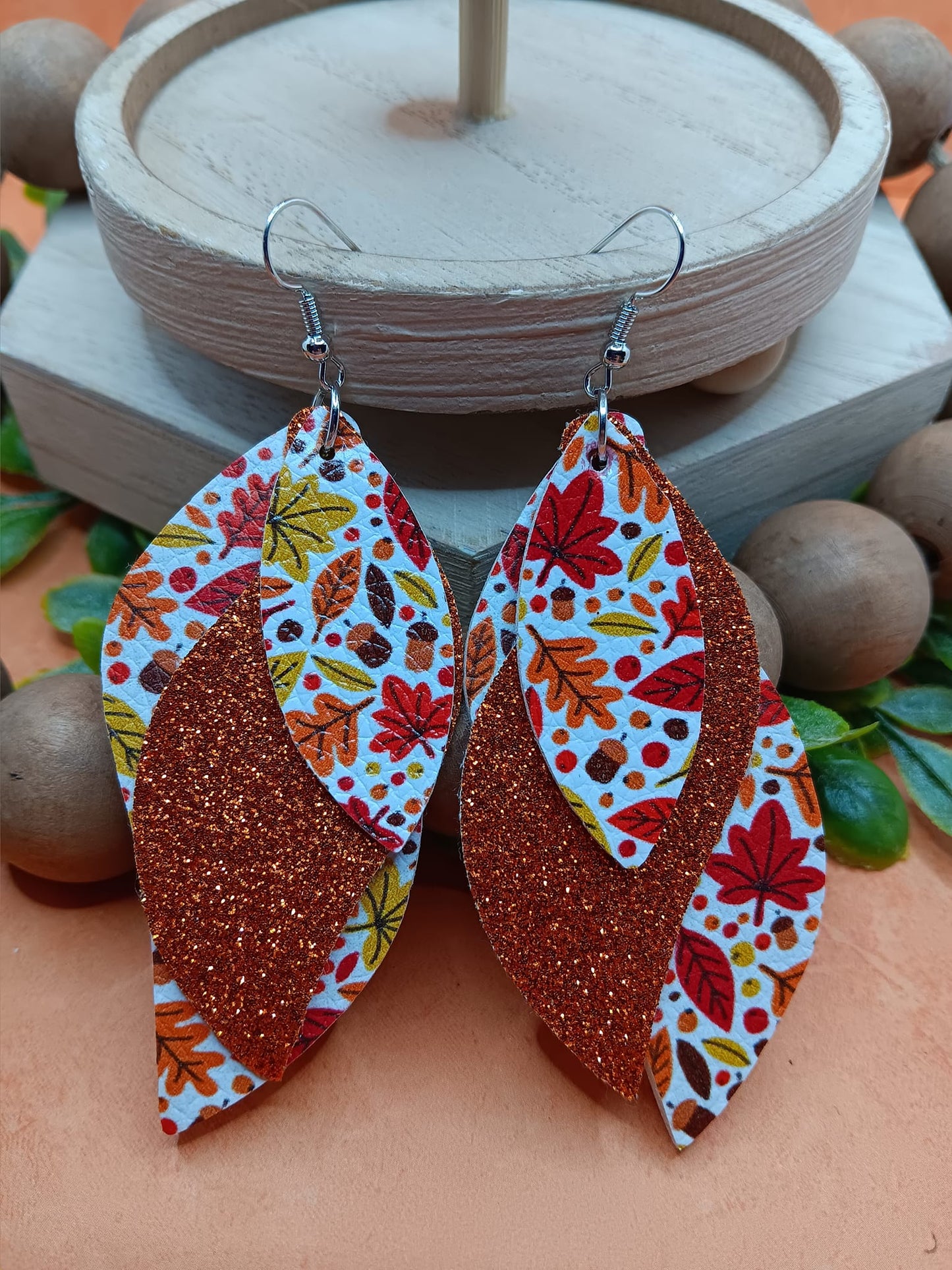 Orange Glitter Triple Layered Fall Earrings w/ Leaves & Acorns