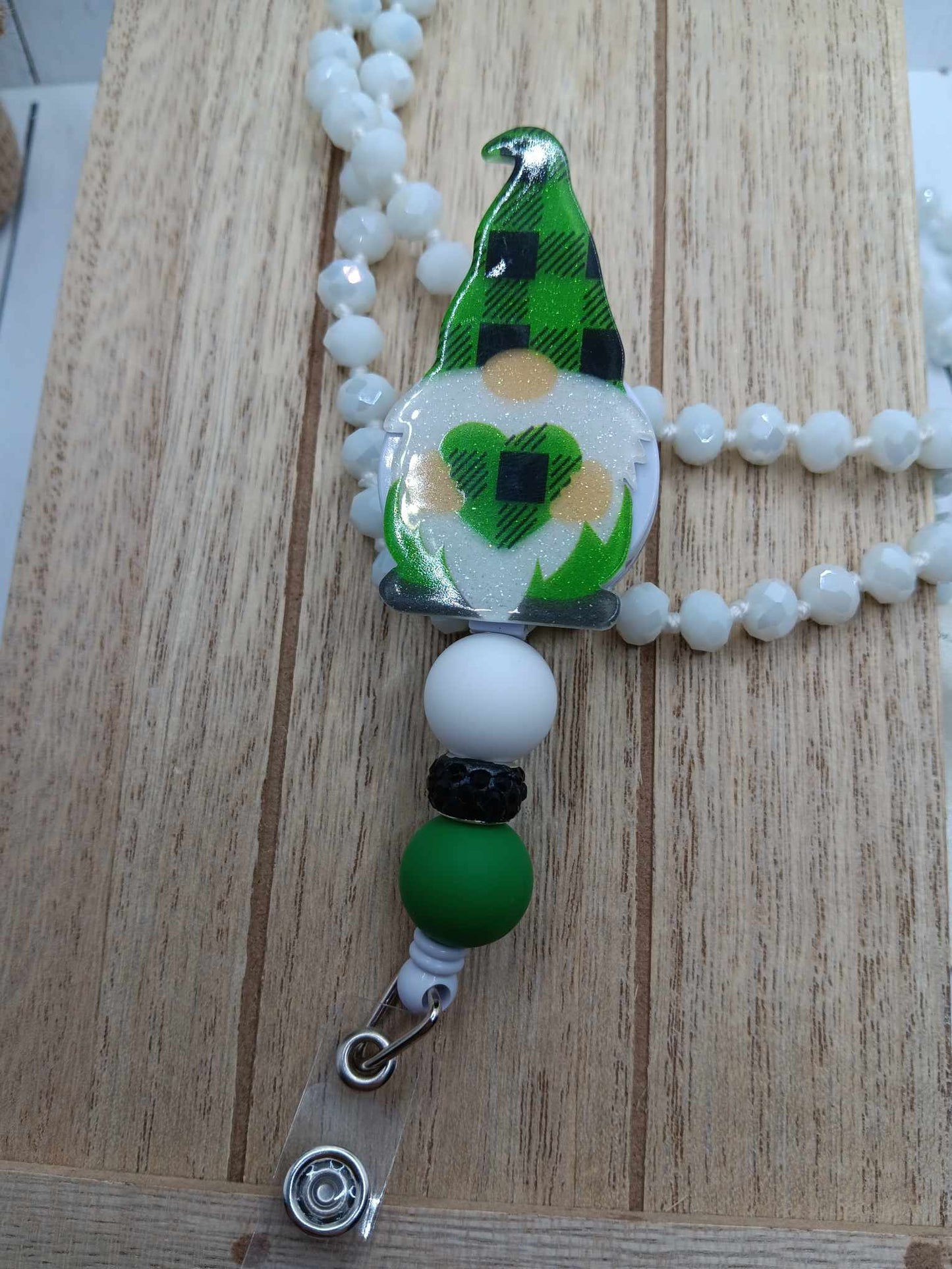 Green Gnome Beaded Badge Reel