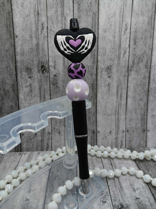 Purple Heart w/ Skull Hands Beaded Ink Pen