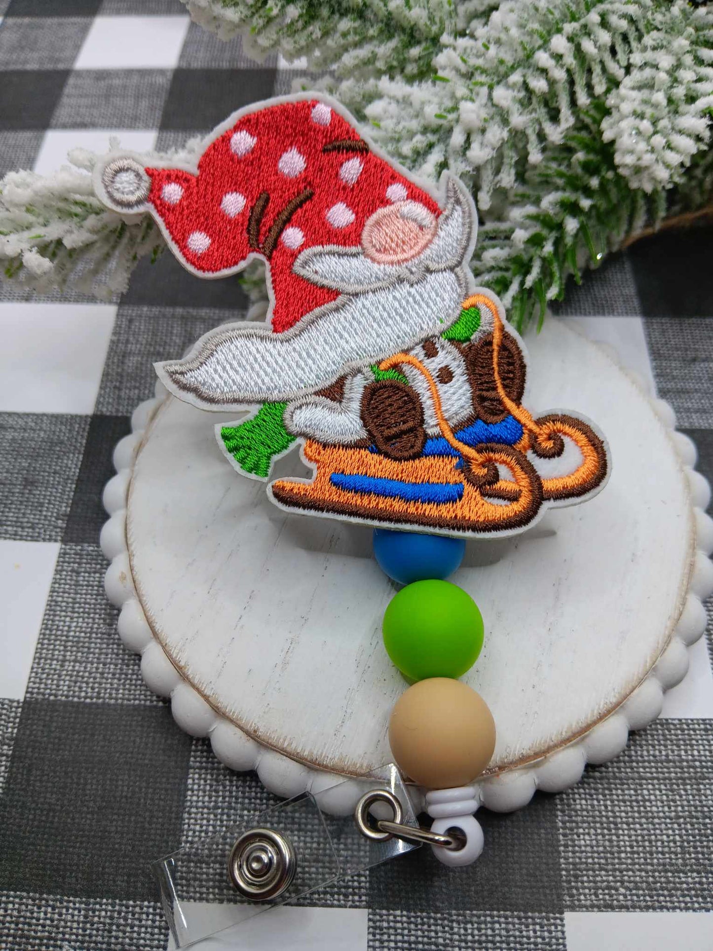 Embroidered Gnome Sledding Beaded Badge Reel