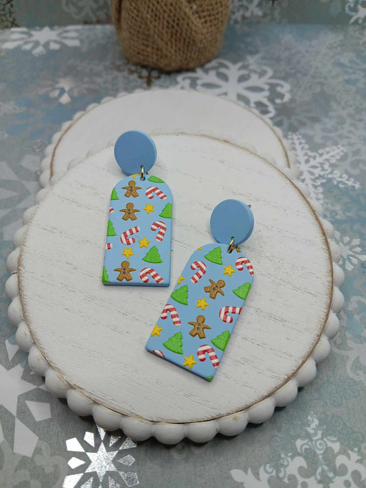 Blue Clay Style Christmas Earrings w/ Candy Canes & Gingerbreads