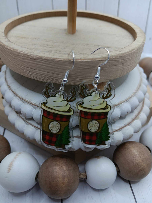 Reindeer Buffalo Plaid Christmas Coffee Earrings