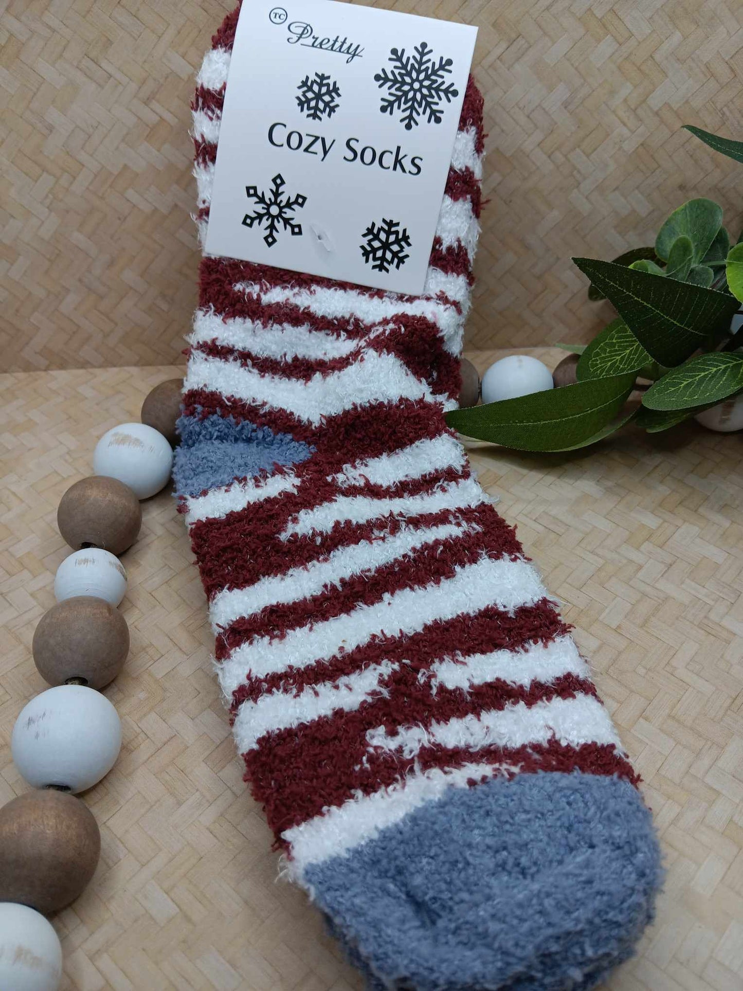 Maroon, White, & Grey Fuzzy Socks