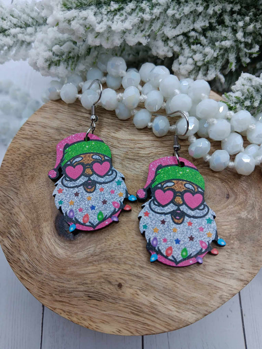 Wooden Pink Santa Earrings