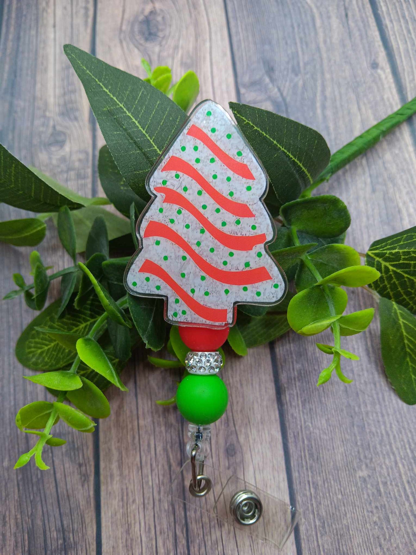 Christmas Tree Cake Beaded Badge Reel