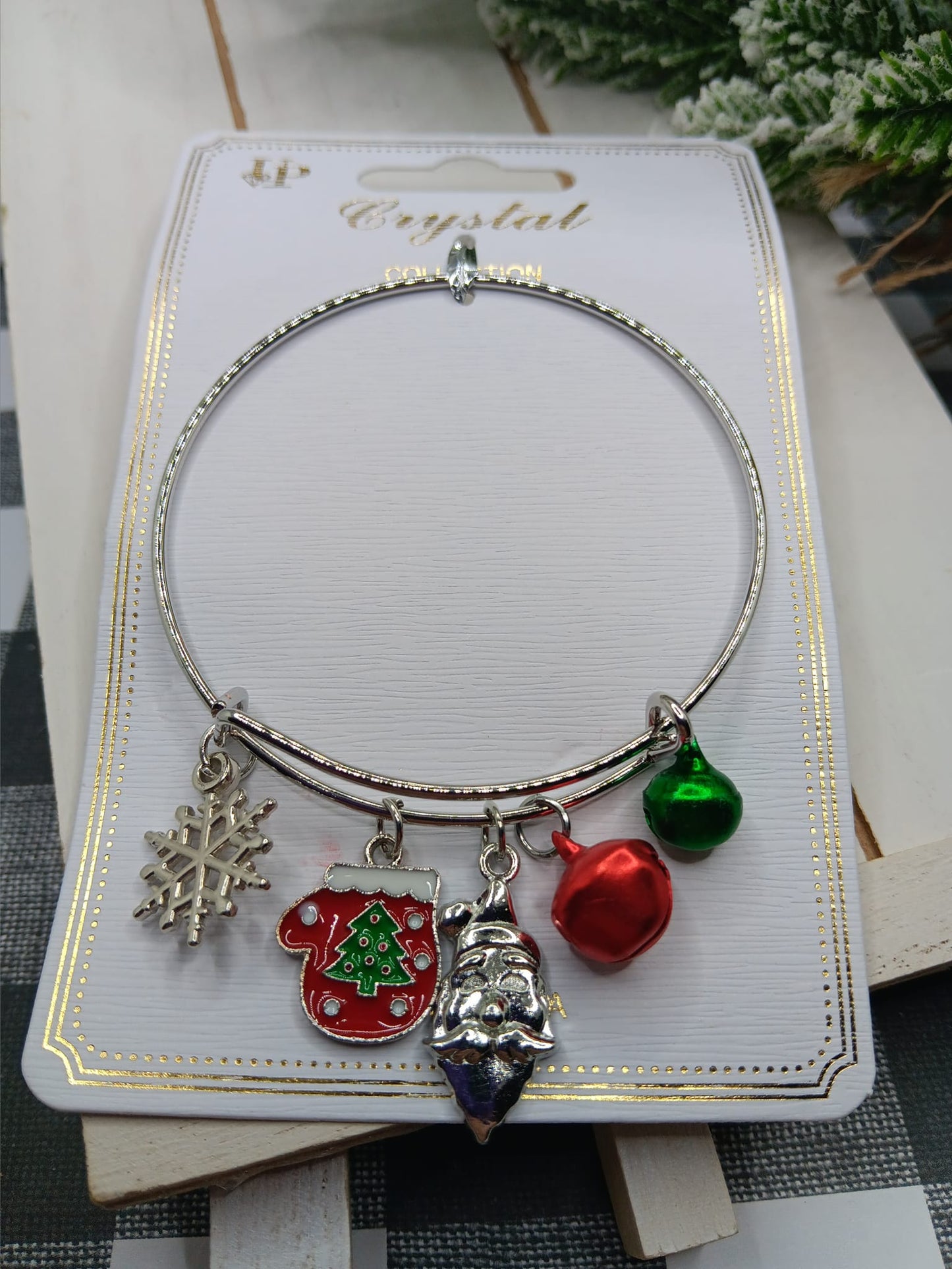 Christmas Bangle Charm Bracelet w/ Mitten, Snowflake, & Santa