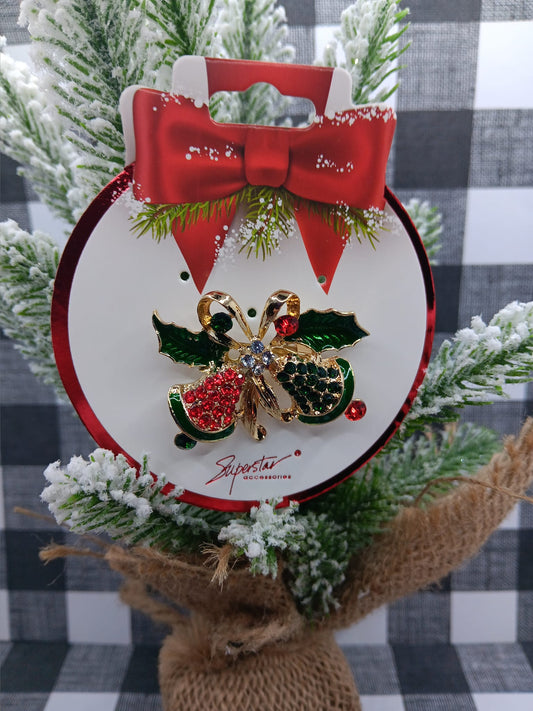 Rhinestone Christmas Bells Pin