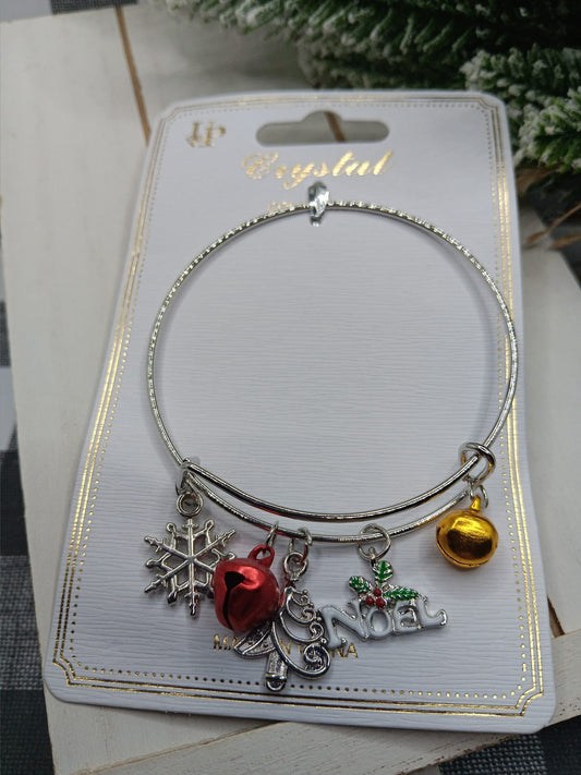Christmas Bangle Charm Bracelet w/ Noel, Snowflake, & Bells